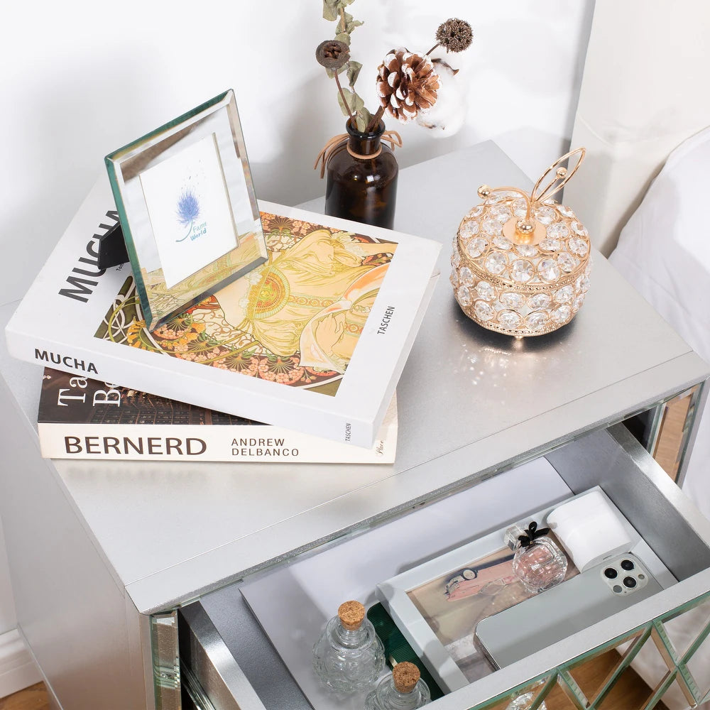 2-Drawer Mirrored Nightstand End Table - White