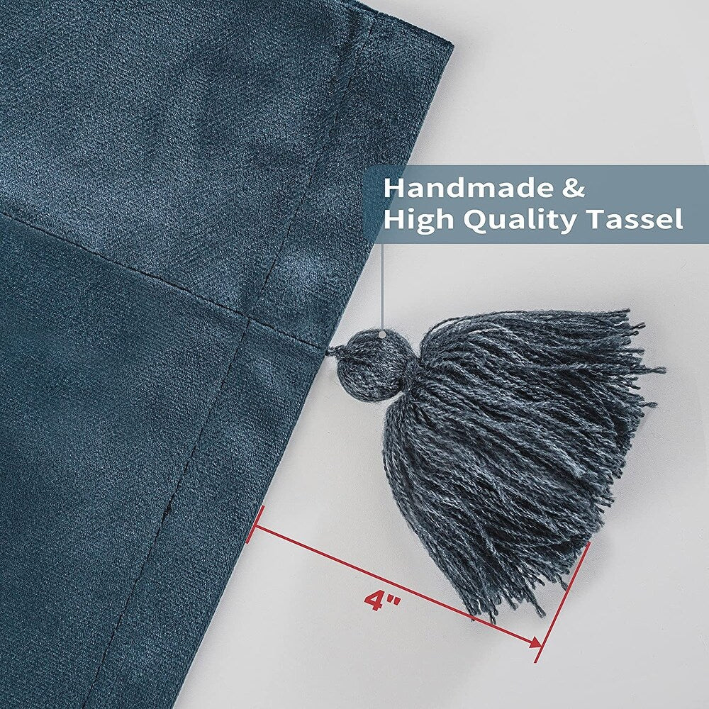 Boho Velvet Handmade Tassel Curtain Room Darkening Thermal Insulated Window Curtains - Peacock Blue