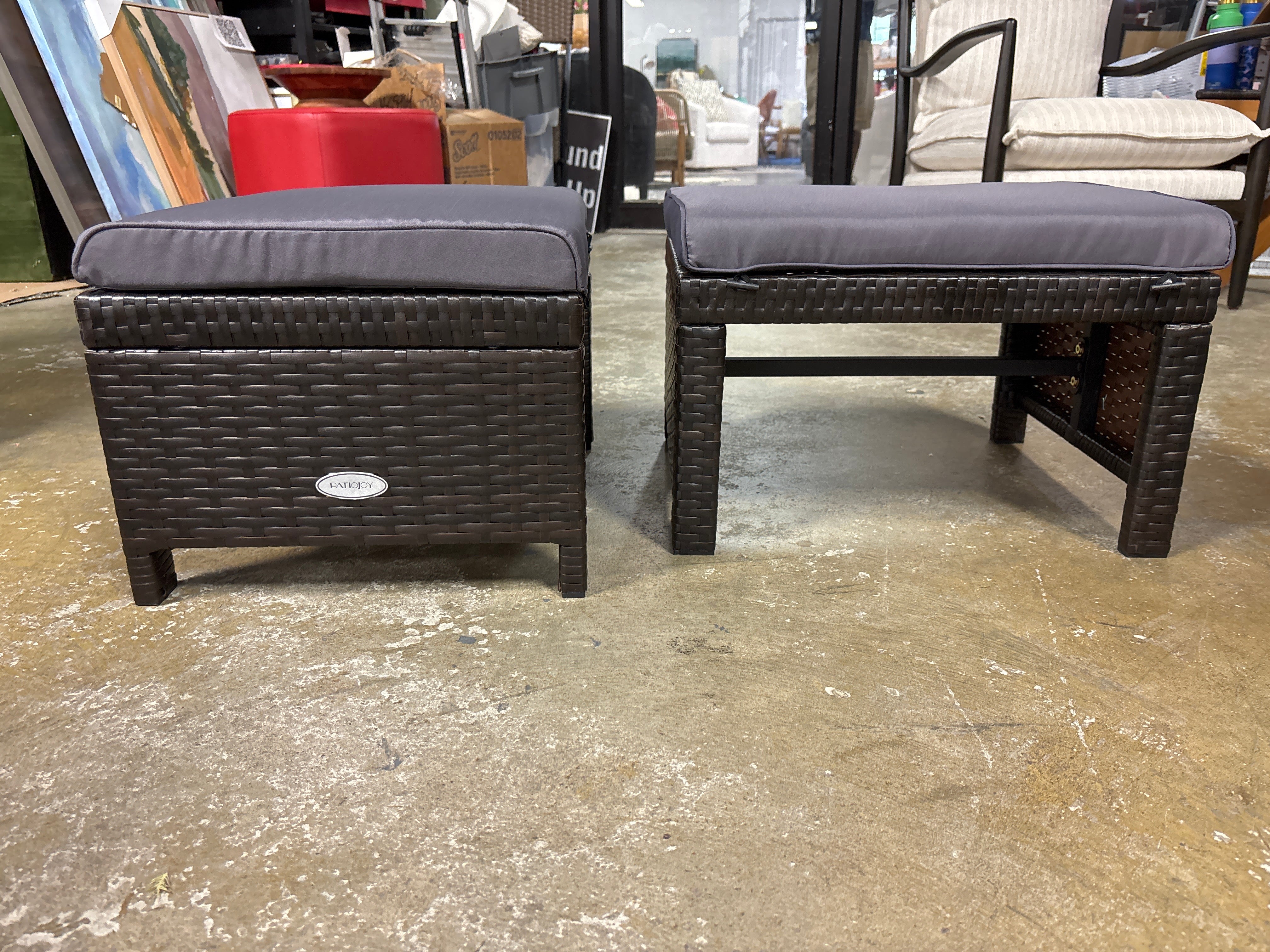 (Set of 2) Patiojoy Outdoor Wicker Ottoman with Cushion - Navy Blue SHOWROOM ITEM