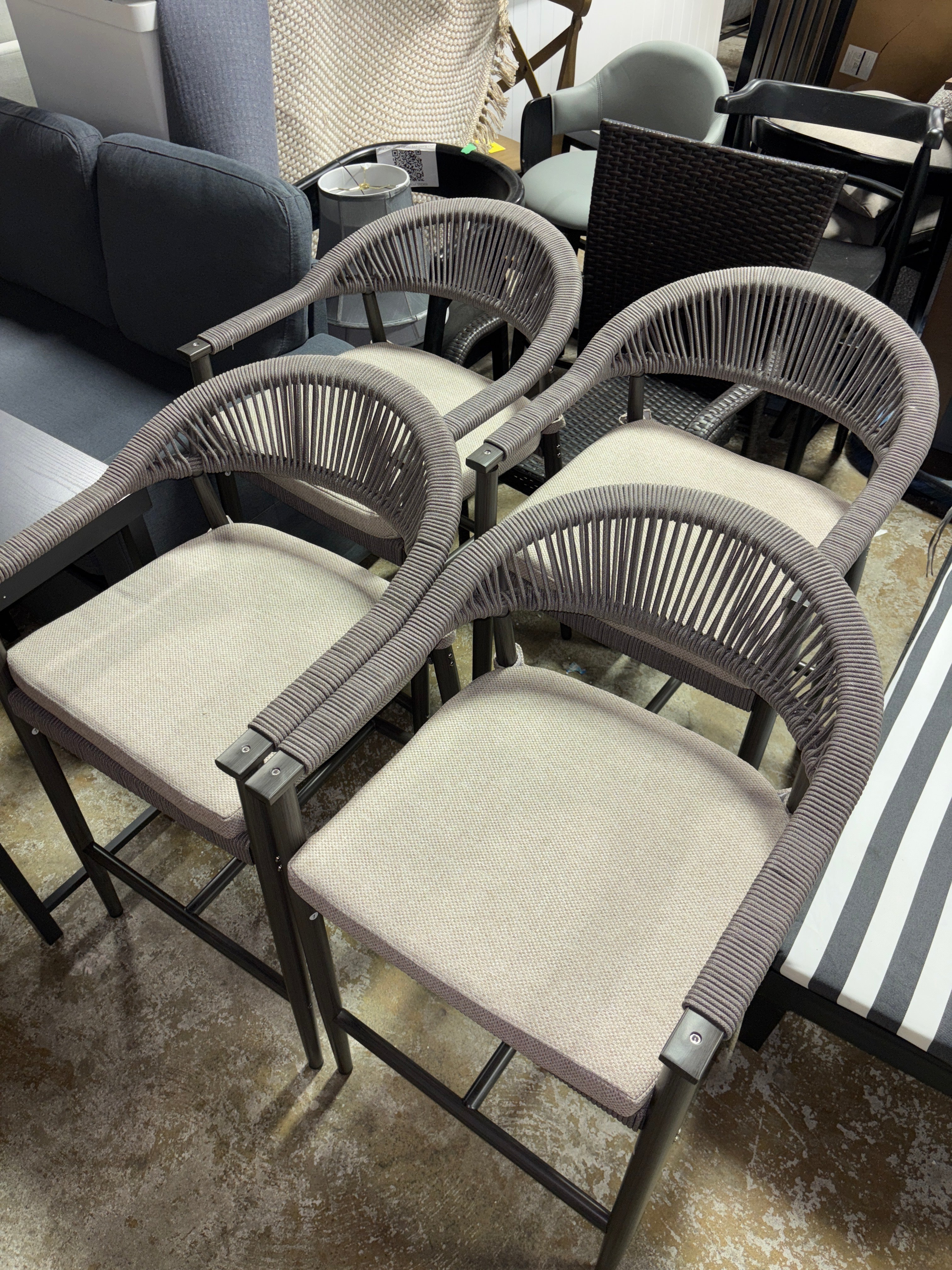 (Set of 4) 24.8'' Olefin Outdoor Rope Woven Bar Chairs with Footrest SHOWROOM ITEM