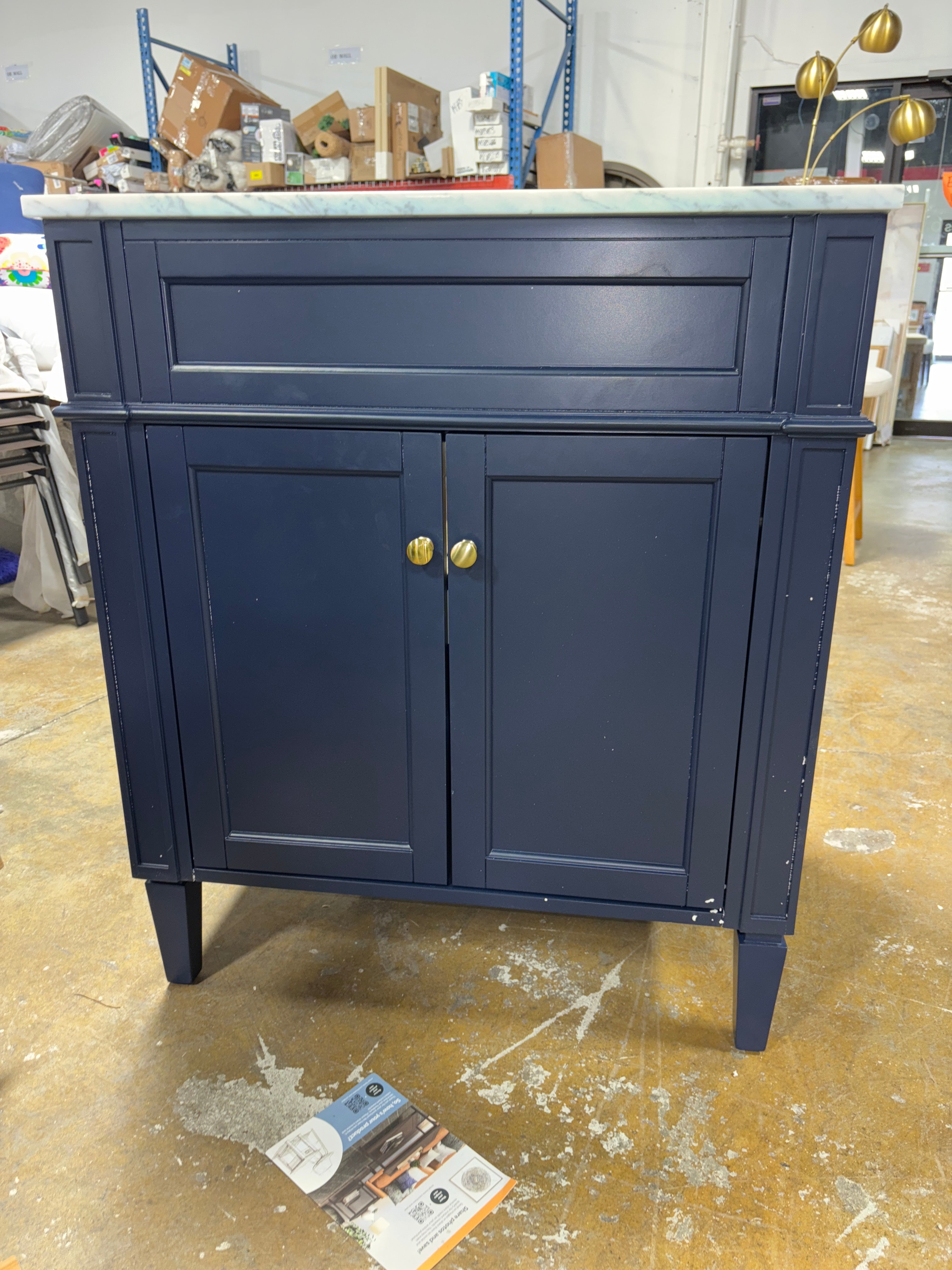30" Blue Undermount Single Sink Bathroom Vanity with Cararra White Marble Top SHOWROOM ITEM