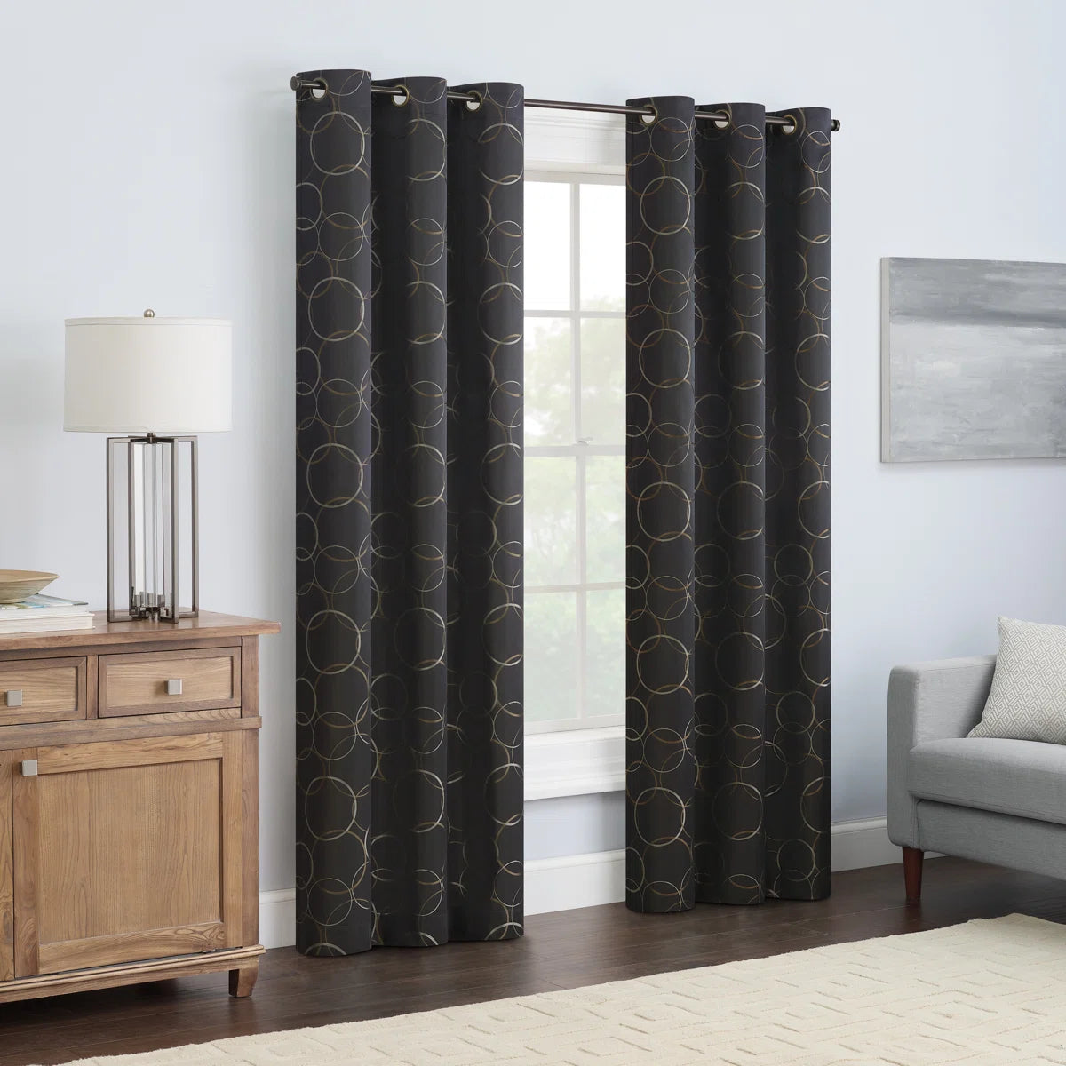 Meridian Geometric 100% Blackout Thermaback Grommet Window Curtain Panel