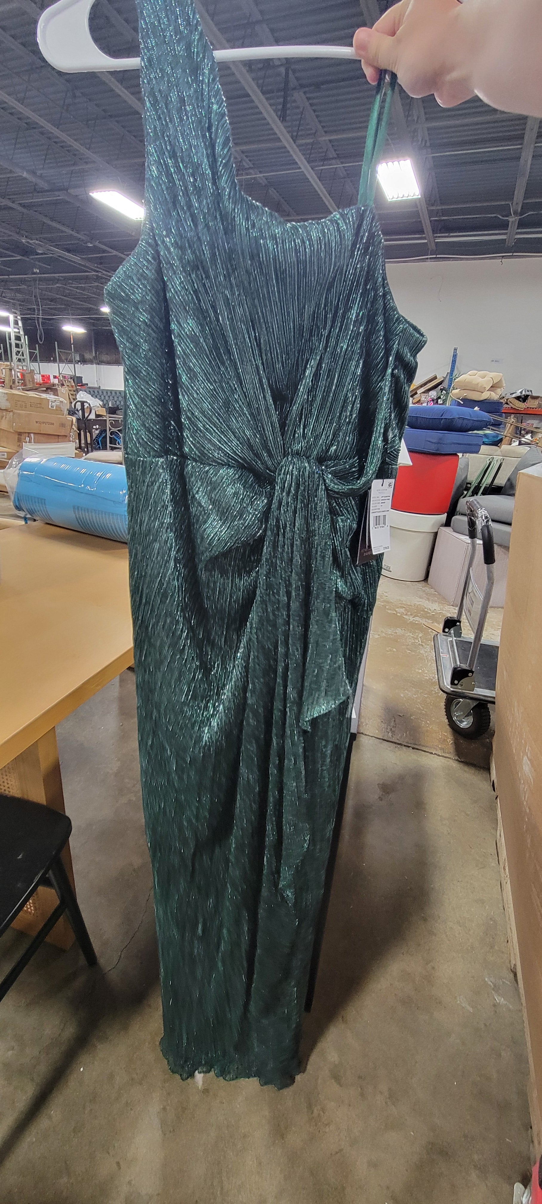 Stardust Pleated Draped One Shoulder Gown In Green Pine