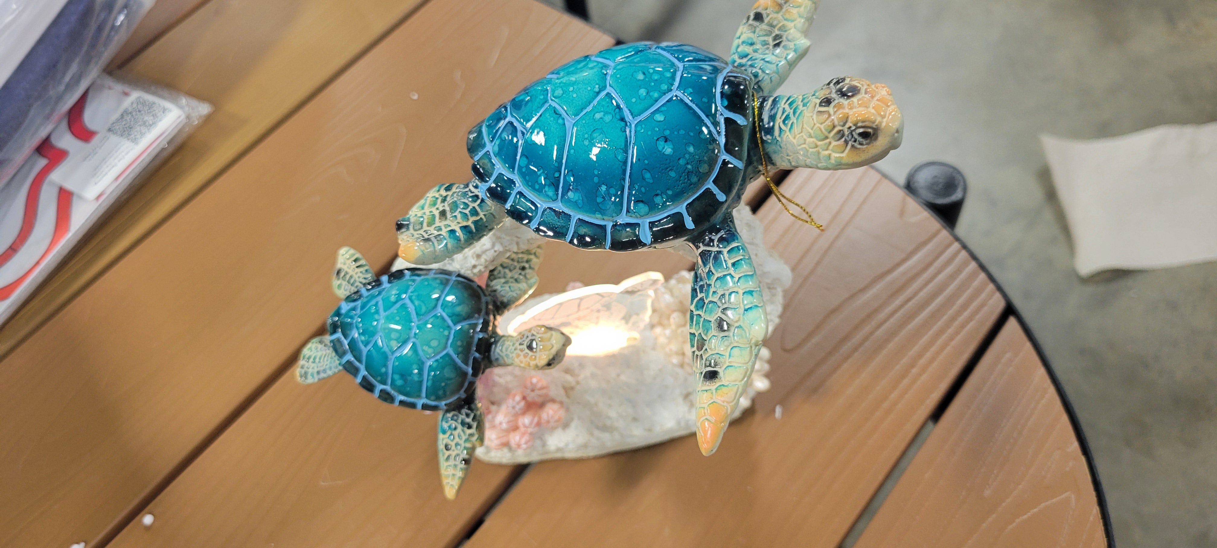 Sea Turtle Mother And Hatchling Family By Coral Reef With 3D LED Light Figurine