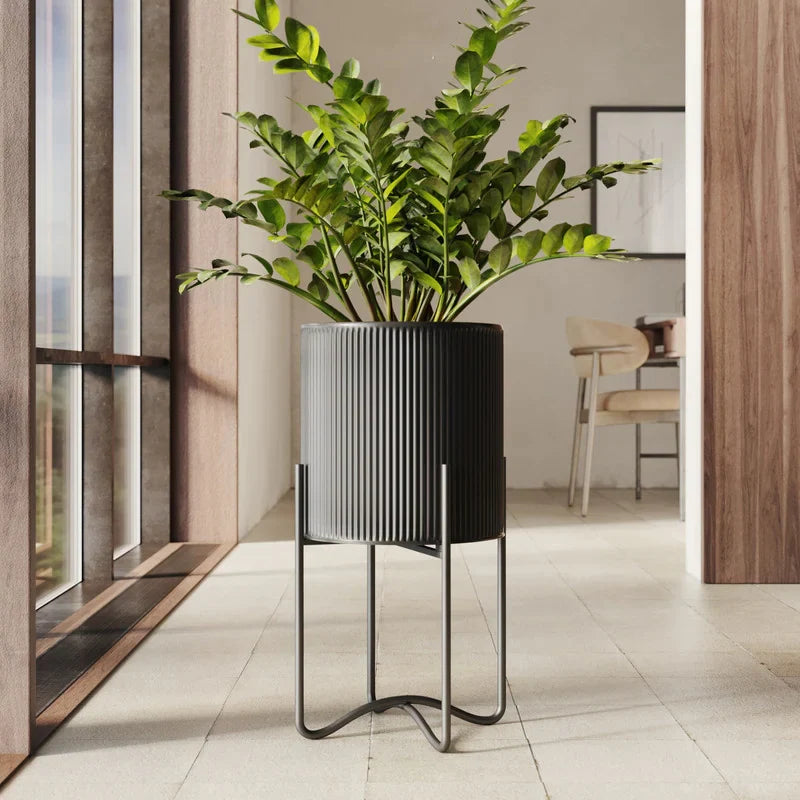 Everett Black Mid-Century Modern Planter with Tall Metal Base