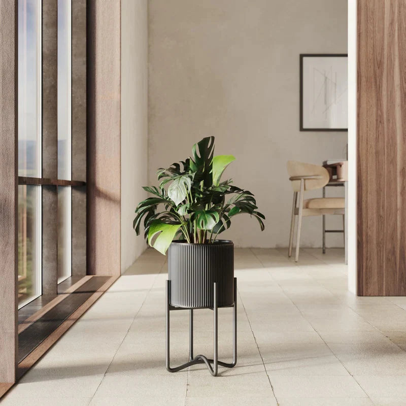 Everett Black Mid-Century Modern Planter with Tall Metal Base