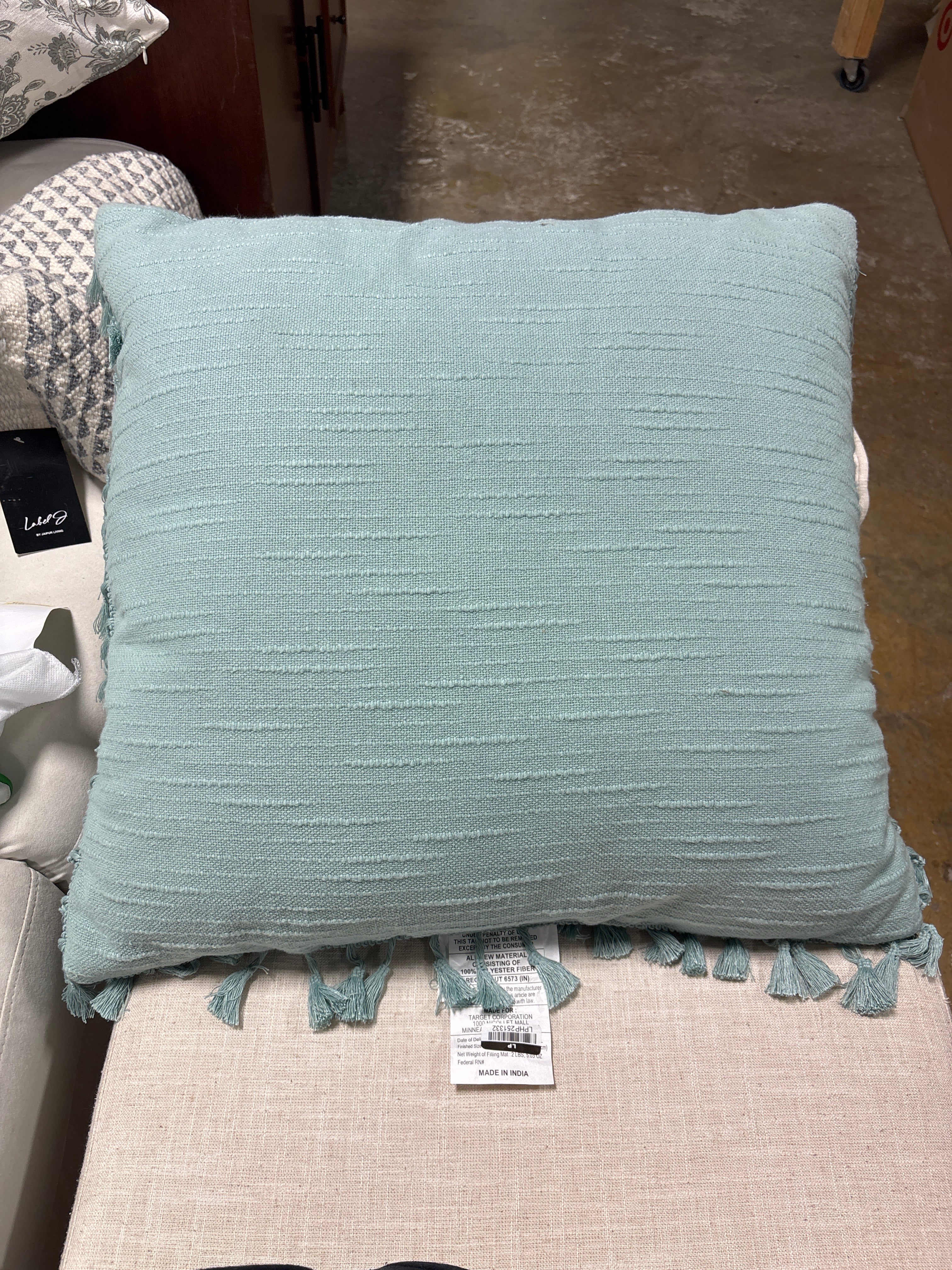 Euro Textured Slub Tassel Decorative Throw Pillow - Light Teal Blue SHOWROOM ITEM 🔴