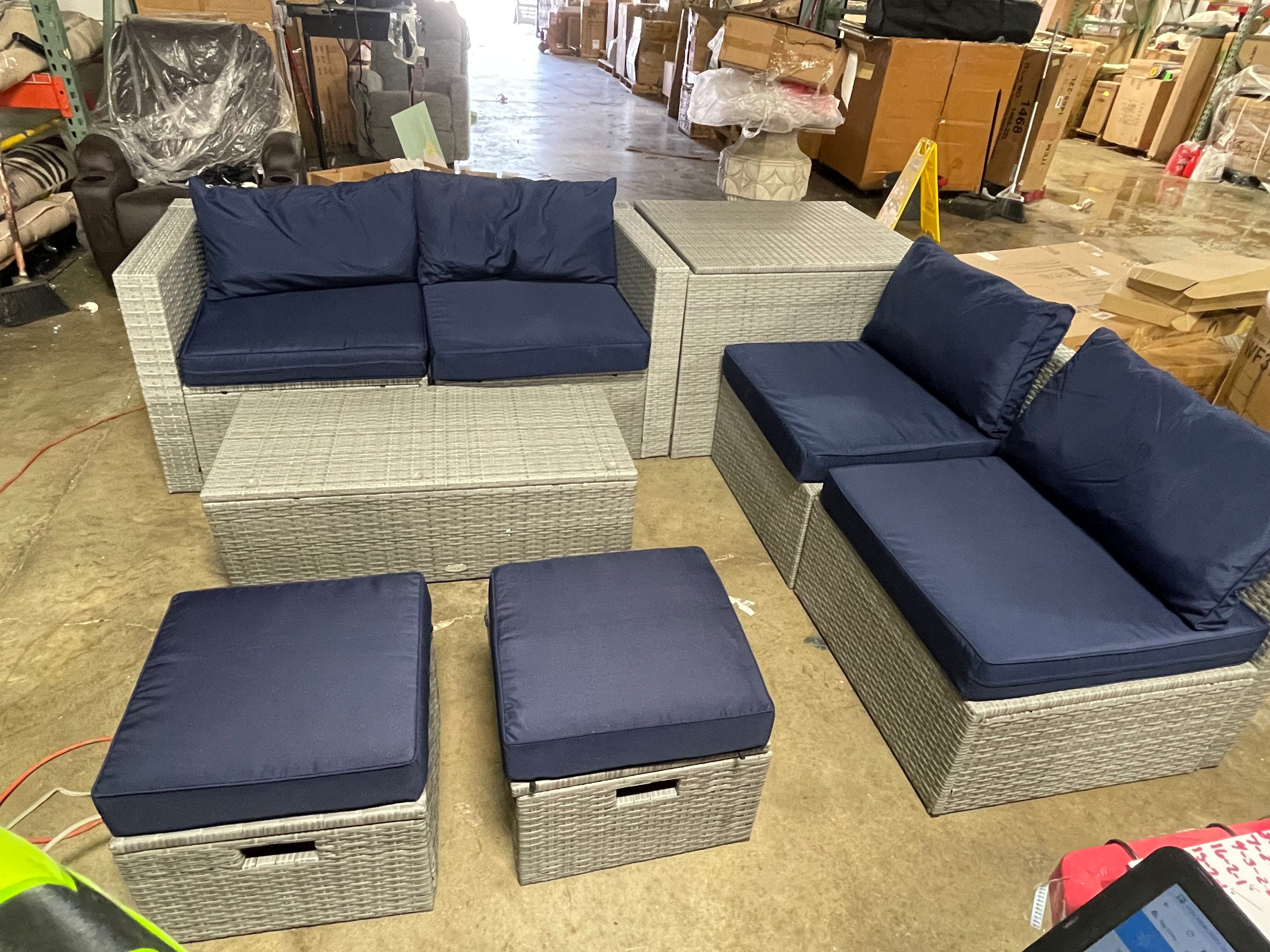 8 Piece Patio Rattan Furniture Set Storage Waterproof Cover Navy Cushion