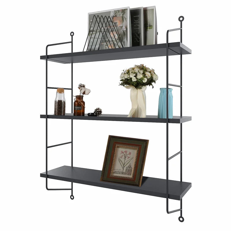 Black Farlan 3 Piece Metal Floating Shelf with Industrial Pipe Shelves