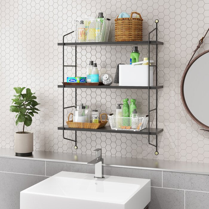 Black Farlan 3 Piece Metal Floating Shelf with Industrial Pipe Shelves