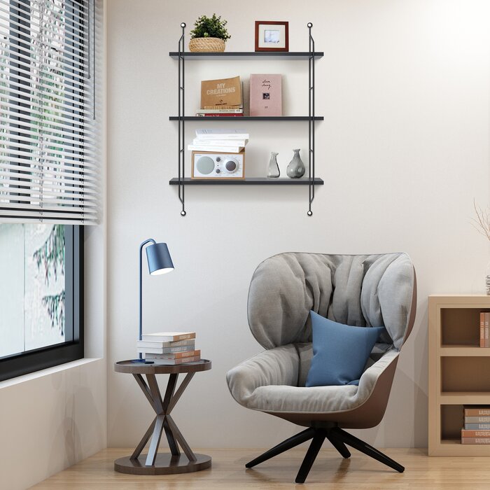 Black Farlan 3 Piece Metal Floating Shelf with Industrial Pipe Shelves