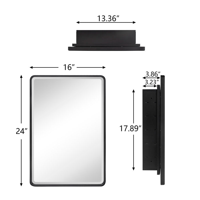 Black Farmhouse Recessed Metal Bathroom Medicine Cabinets with Mirror with Adjustable Tempered Glass Shelves