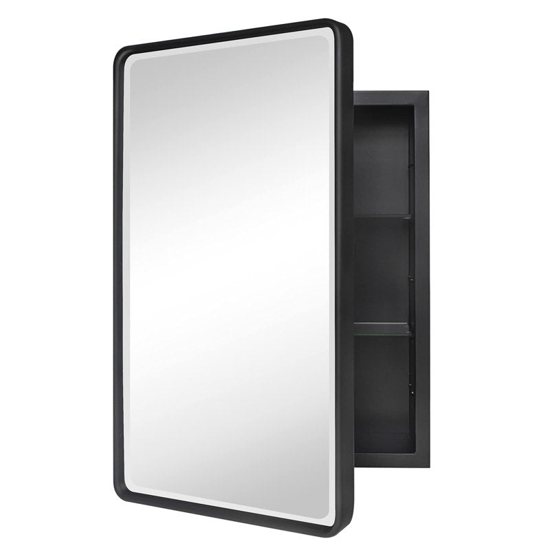 Black Farmhouse Recessed Metal Bathroom Medicine Cabinets with Mirror with Adjustable Tempered Glass Shelves