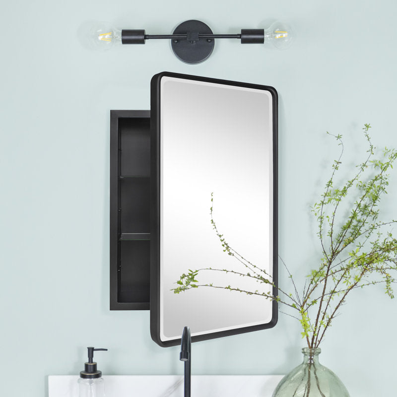 Black Farmhouse Recessed Metal Bathroom Medicine Cabinets with Mirror with Adjustable Tempered Glass Shelves