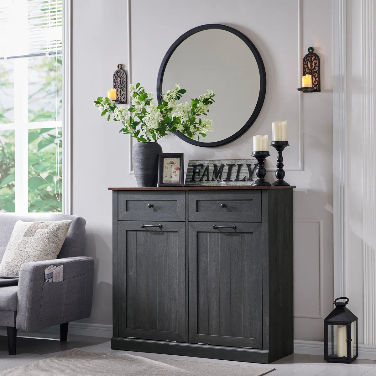 Farmhouse Tilt Out Trash Can Cabinet; Dog Proof Trash Can Cabinet - SHOWROOM ITEM 