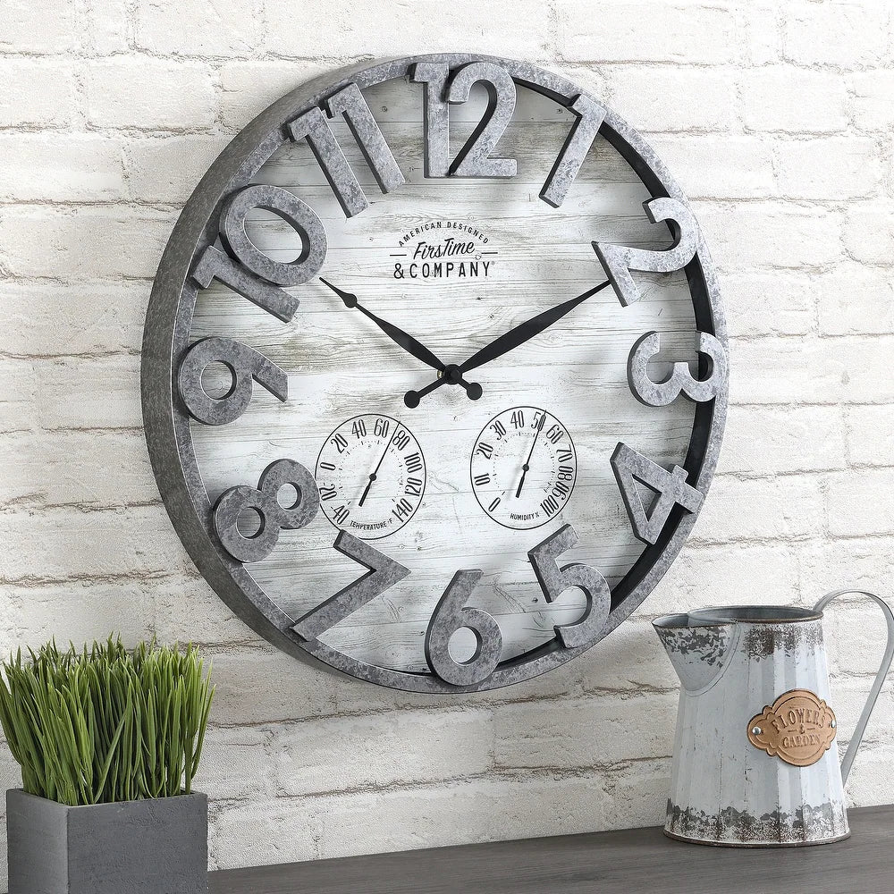 Shiplap Farmhouse Outdoor Wall Clock, Plastic, American Designed - Galvanized