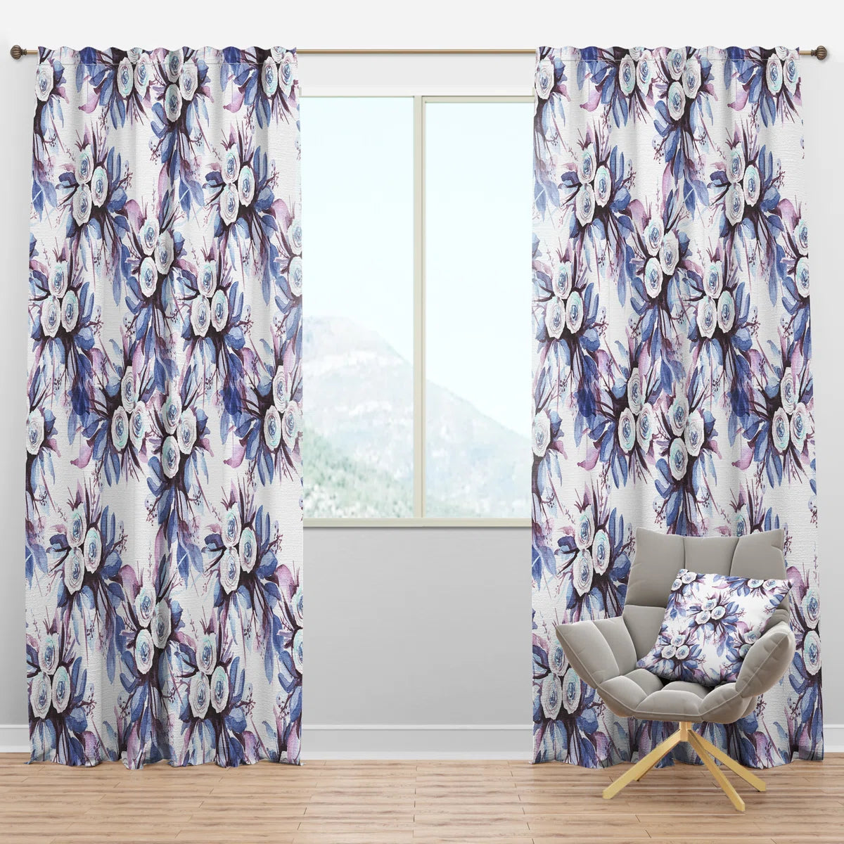 Flowery Purple in White - Velvet Room Darkening - 1 Panel