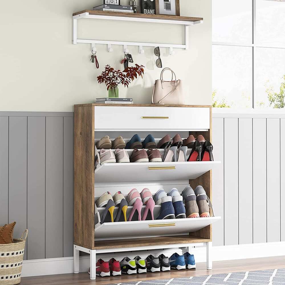 16 Pair Shoe Cabinet & Wall Coat Shelf Set for Entryway - 3-tier - Brown
