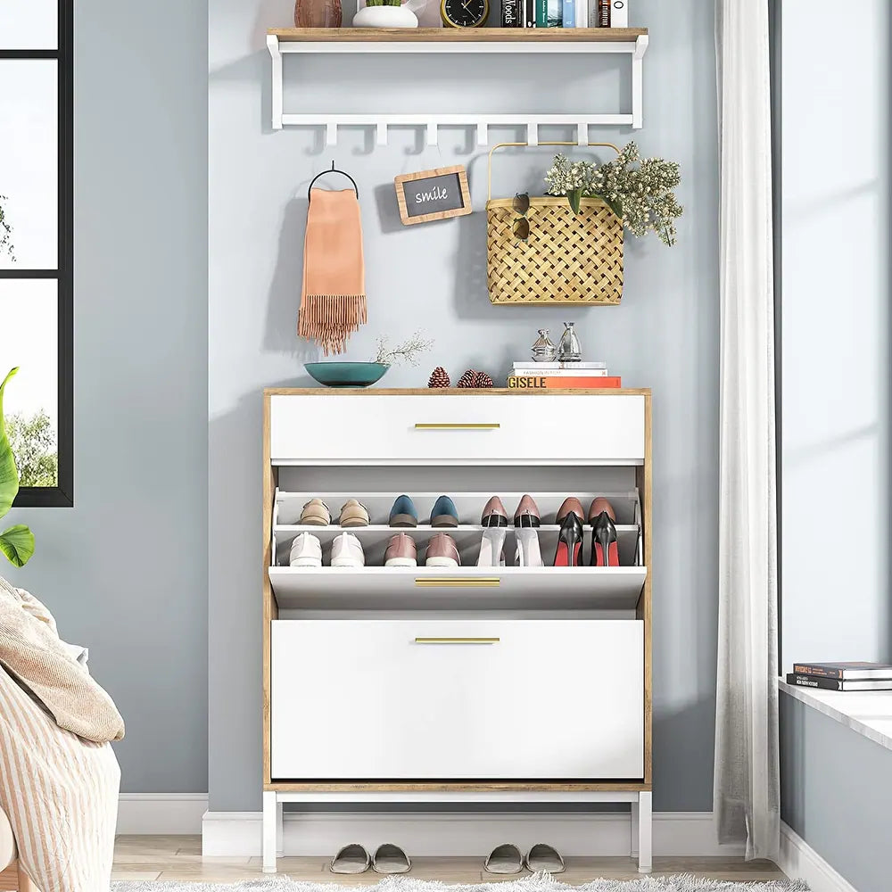 16 Pair Shoe Cabinet & Wall Coat Shelf Set for Entryway - 3-tier - Brown