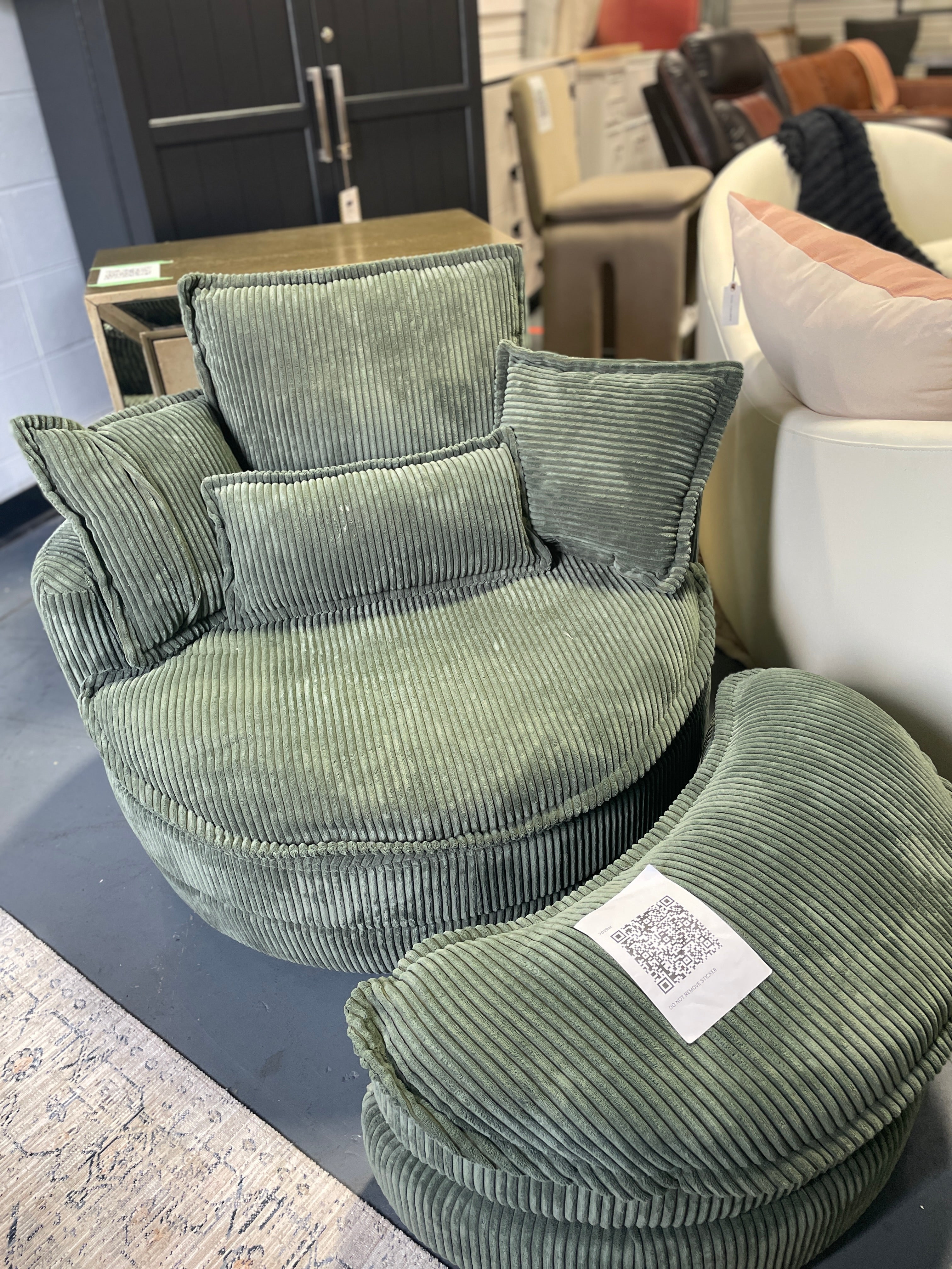 Green Cordoroy Swivel Accent Chair with Moon Storage Ottoman SHOWROOM ITEM