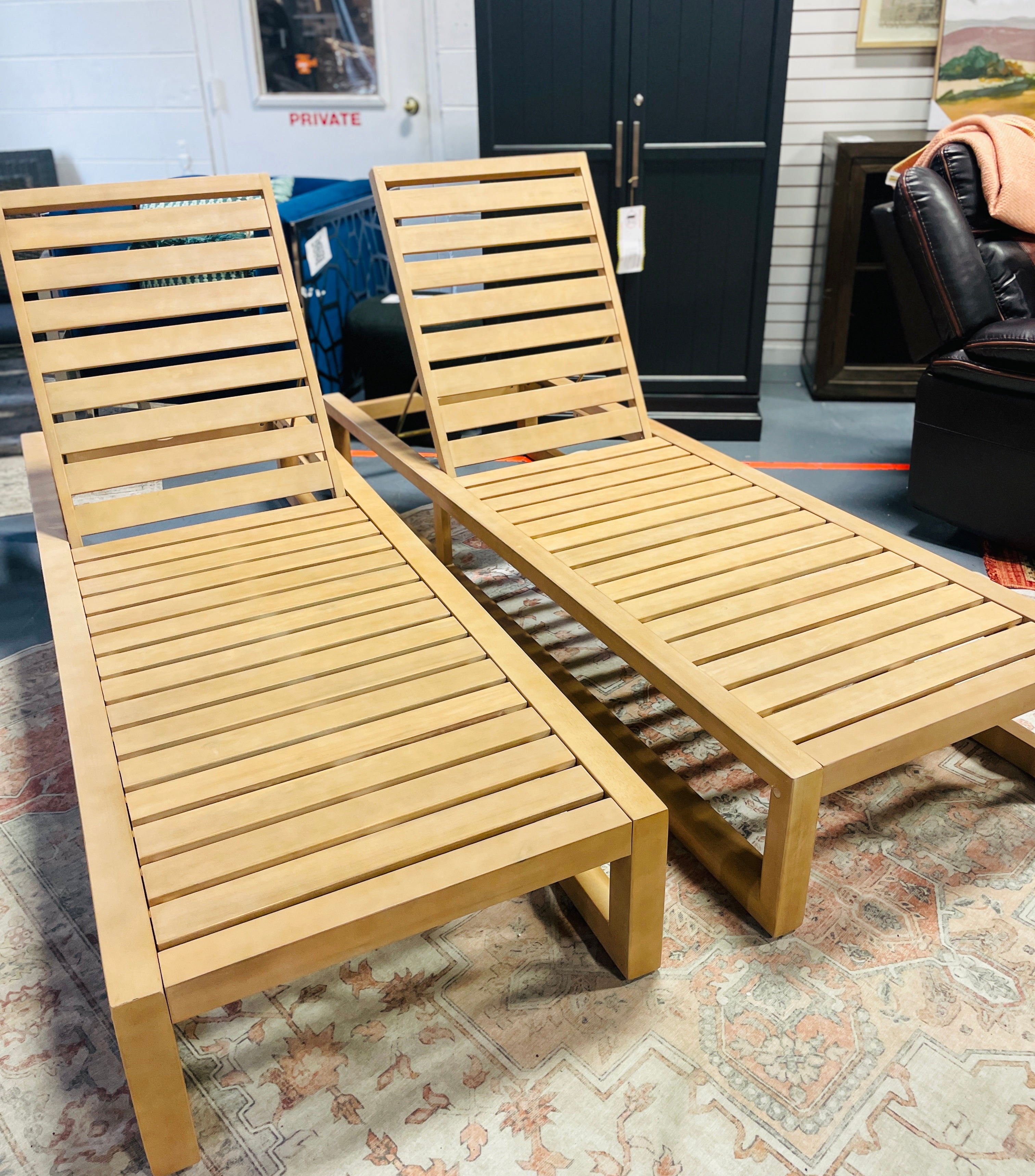 SET OF 2 Benson Wood Outdoor Chaise Lounger SHOWROOM ITEM