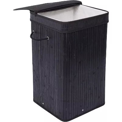Bamboo Square Laundry Hamper with Lid and Cloth Liner - Black