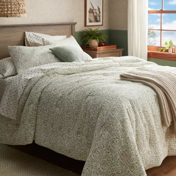 Traditional Vine Printed Cotton Comforter & Sham Set Green - Full/Queen