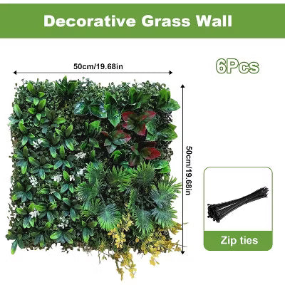 Artificial Grass Wall Panels 6PCS - Boxwood Privacy Screen with Zip Ties & Tropical Leaves