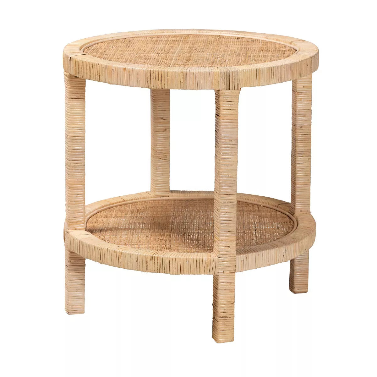 Bella Mahogany Wood and Natural Rattan 2 Tier End Table Natural Brown SHOWROOM ITEM