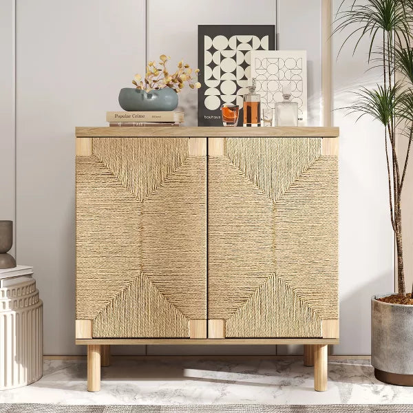Natural Storage Cabinet, Sideboard Storage Cabinet with 2 Doors & Adjustable Shelf, Light Brown Accent Cabinet for Hallway
