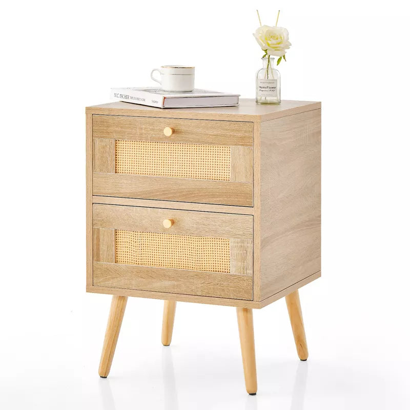 1/2 PCS Rattan Nightstand Boho Accent Bedside Table with 2 Storage Drawers Natural