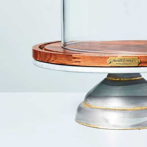 Galvanized Metal & Wood Cake Stand with Glass Cloche - Lacquered Iron & Acacia