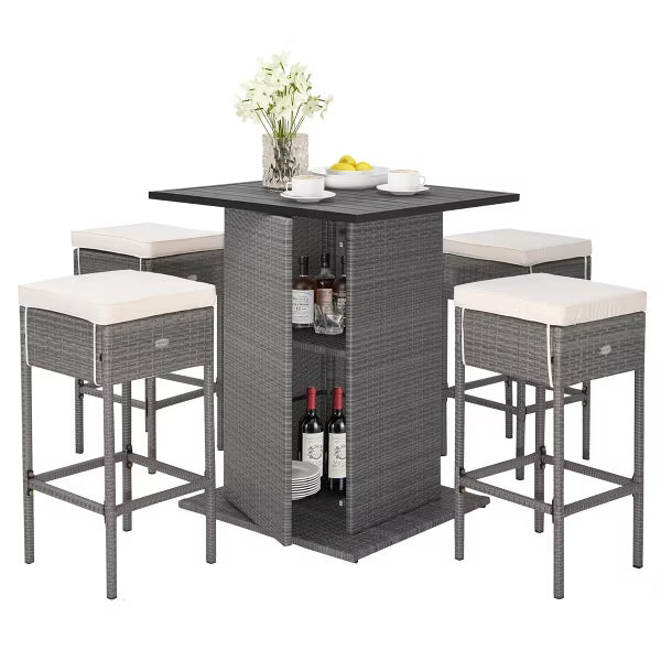 Outdoor Wicker Bar Table with Hidden Storage Shelves Bar