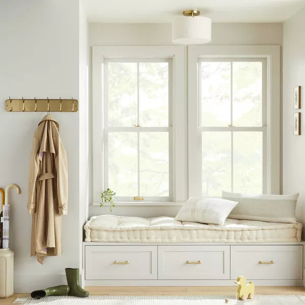 Fabric Shade Semi-Flush Mount Ceiling Light Brass/Oatmeal: Modern Iron Body, ETL Listed