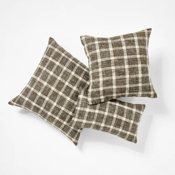 Woven Plaid Square Throw Pillow with Faux Leather Zipper - Indoor Decorative Cushion, Recycled Polyester