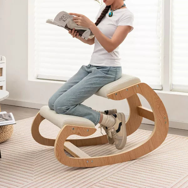 Ergonomic Kneeling Chair Wooden Rocking Chair with Comfortable Padded Seat Cushion & Knee Support Upright Posture Support Chair for Back Pain Relief Beige/Black/Gray