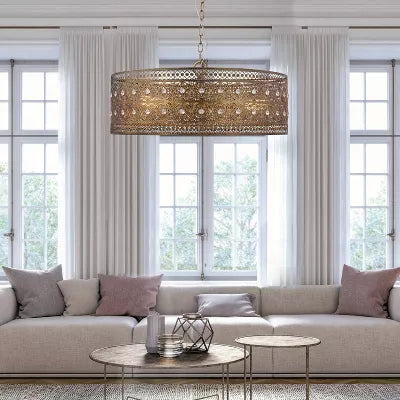 3-Light Bryar Chandelier Brass/Crystal - River of Goods: UL Listed, Adjustable Height, Metal & Crystal Drum
