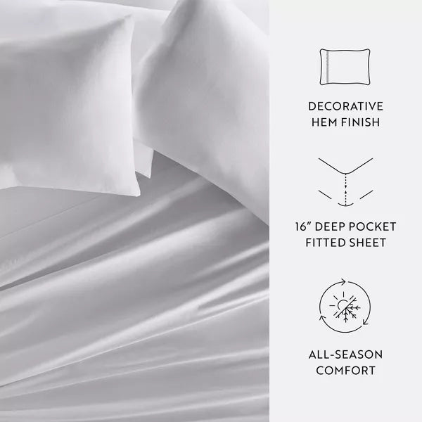 300 Thread Count 100% Cotton 4 Piece Solid Sheet Set Sateen Weave - King