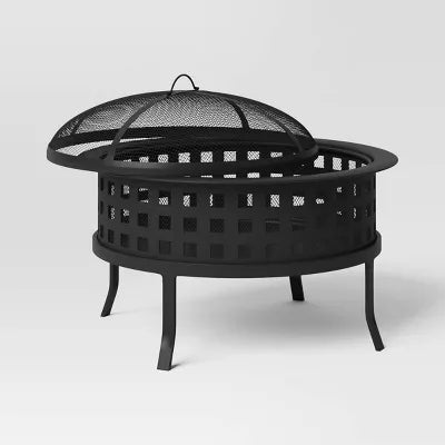 Metal Lattice Wood Burning Round Outdoor Fire Pit Black -Rust-Resistant Steel, Mesh Sides, Angled Legs