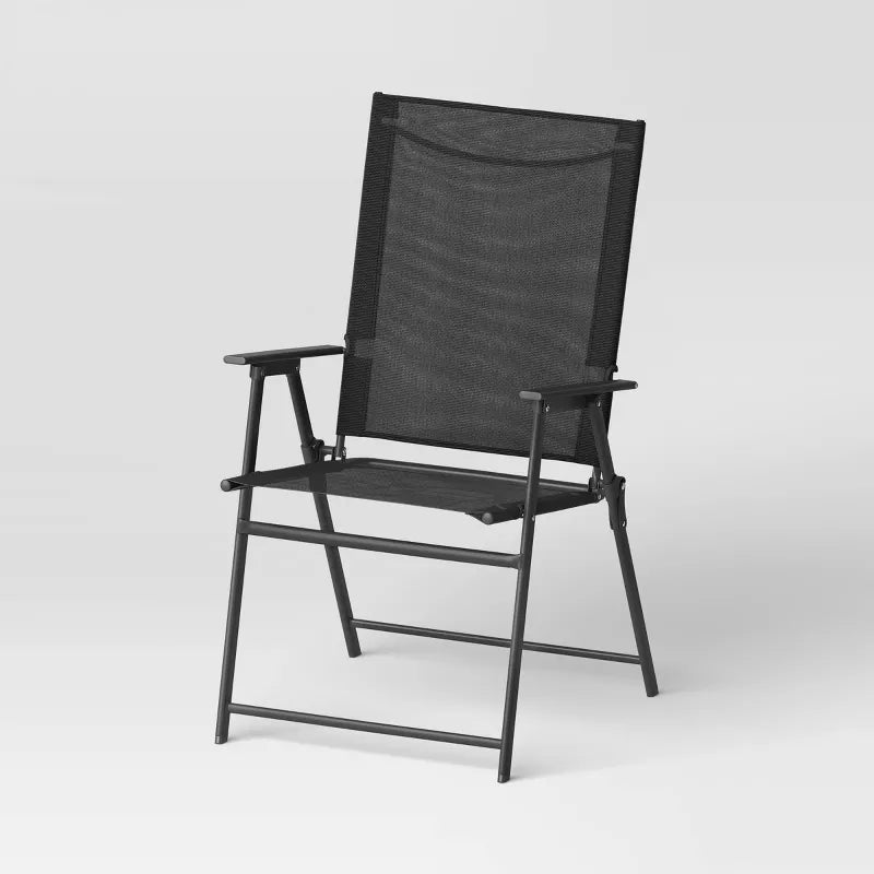 Sling Folding Chair - Black -  Weather-Resistant, No Assembly, Metal Frame - Set of 2