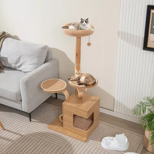 Wooden Cat Tree Tall Cat Tower w/ Cat Condo Plush Top Perch Jumping Platforms