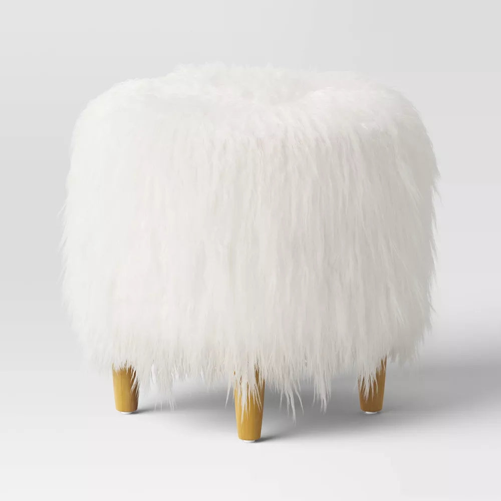 Holley Mongolian Fur/Wood Ottoman Cream SHOWROOM ITEM