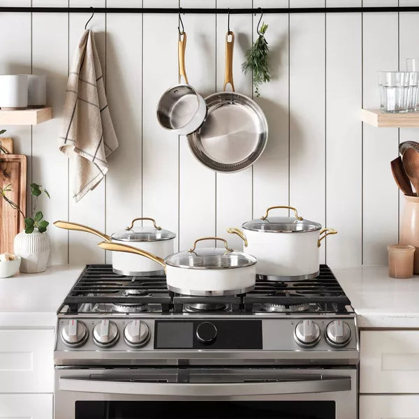 Classic 8pc Stainless Steel Cookware Set with Brushed Gold Handles Matte White: Induction & Oven Safe Pans
