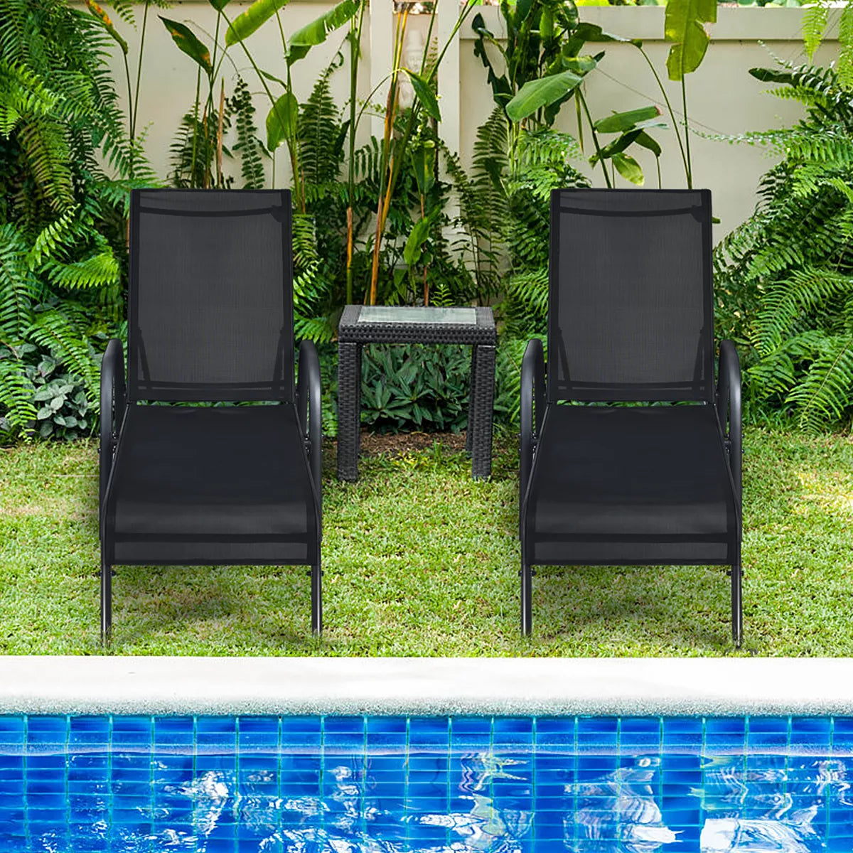 2PCS Outdoor Patio Lounge Chair Chaise Fabric Adjustable Reclining Armrest Black