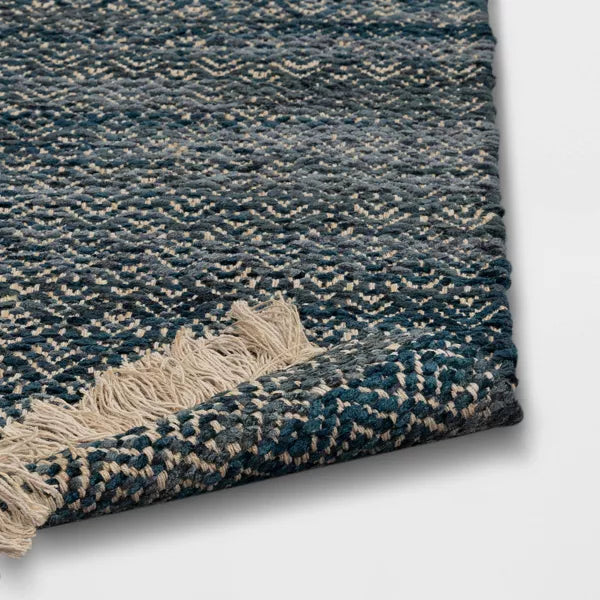 2'4"x7' Handloom Diamond Runner Rug Blue - Indoor Low Pile, Cotton & Jute, Entryway or Kitchen Use