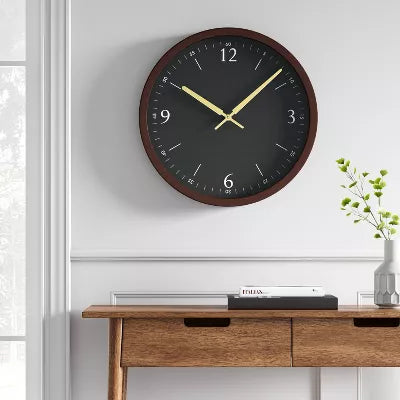 Walnut Woodgrain Wall Clock Black - Modern Analog Display, Indoor Decorative Timepiece