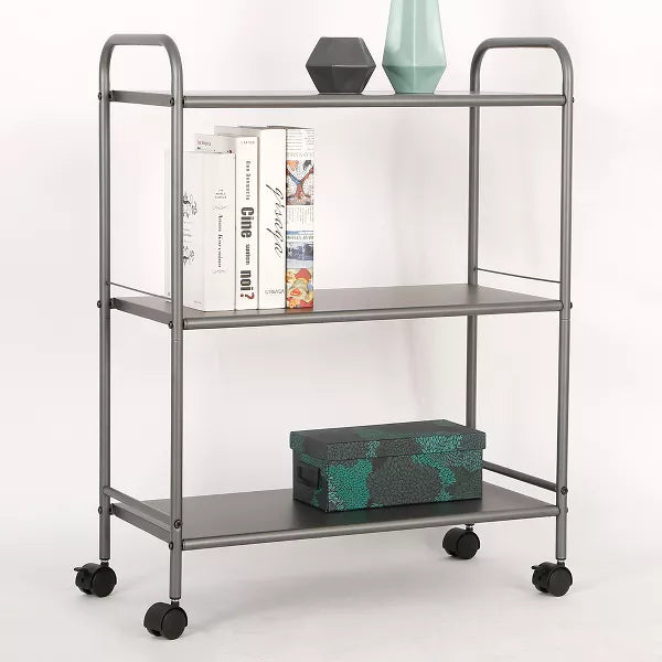 3 Shelf Wide Utility Storage Cart Gray: Steel Rolling Organizer with Wheels, Multipurpose