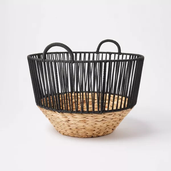 L Water Hyacinth and Black Cotton Rope Basket - Round Decorative Basket for Blankets or Shoes