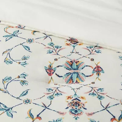 4pc Floral Border Print Comforter Bedding Set Blue/Pink/Yellow