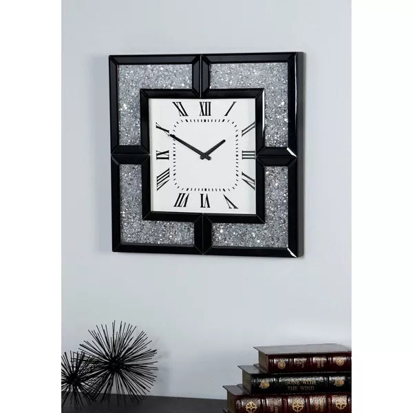 Glass Mirrored Wall Clock with Floating Crystals Black - Silent, Square, Glam Style Decor
